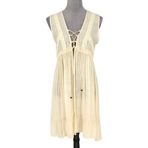 Easel Long Vest Womens Small Beige Semi Sheer Lace Trim Lace Up Front Top New